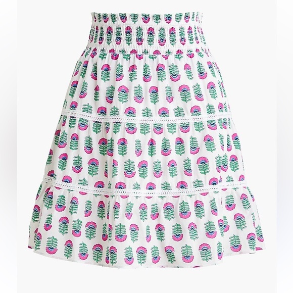 J. Crew Dresses & Skirts - J. Crew Smocked Tiered Pink and Green Leaf Elastic Band Mini Skirt